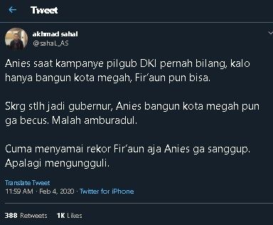 Gus Sahal sindir Anies tak bisa samai rekor Firaun. (Twitter/@sahal_AS)