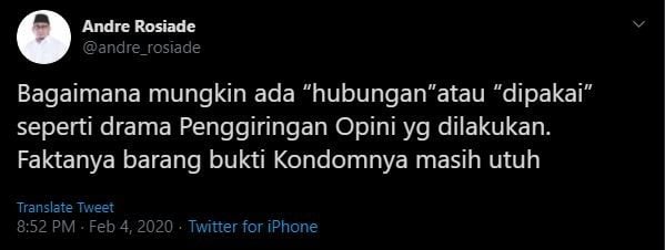 Cuitan Andre Rosiade soal kondom utuh.(Twitter)