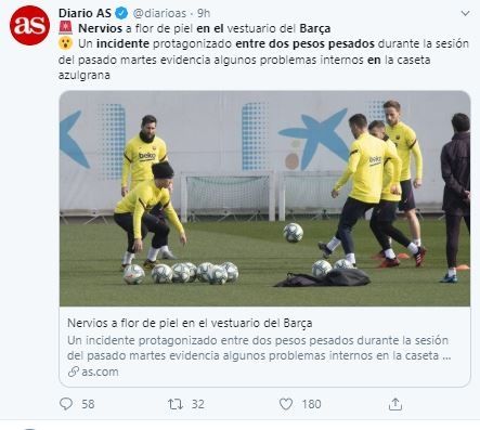 Dua pemain Barcelona dilaporkan berkelahi di sesi latihan. (Twitter/@darioas).
