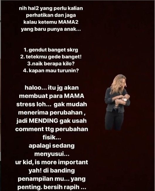 Unggahan Aura Kasih soal saran untuk tidak body shaming ke perempuan yang menyusui. [Instagram]