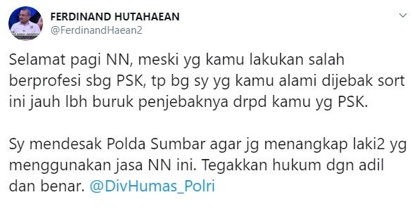 Ferdinand mendesak Ppolisi tangkap pemakai jasa PSK yang digerebek Andre (Twitter/ferdinandhaean2)