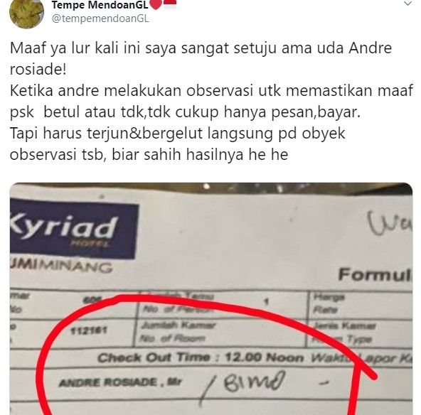 Beredar Struk Reservasi Hotel Gerebek PSK Atas Nama Andre Rosiade (Twitter/tempemendoang)