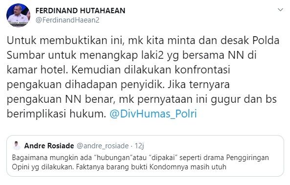 Ferdinand mendesak Ppolisi tangkap pemakai jasa PSK yang digerebek Andre (Twitter/ferdinandhaean2)