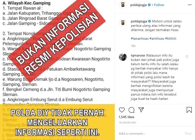 Klarifikasi Polda Yogyakarta soal daftar lokasi rawan klitih di Sleman (Instagram/poldajogja)