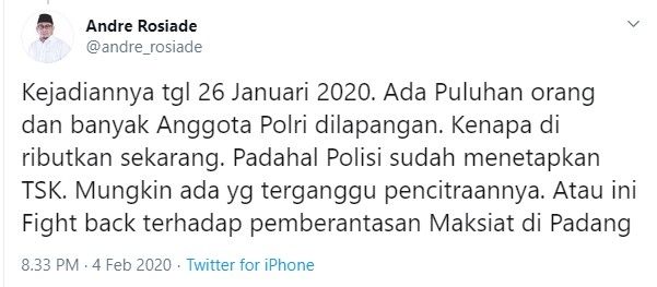 Andre Rosiade tuding ada yang pencitraannya terganggu akibat gerebek PSK (Twitter/andre_rosiade)