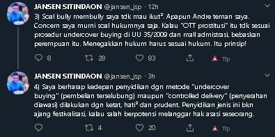 Cuitan Jansen Sitindaon soal Andre diduga jebak PSK. (Twitter/@jansen_jsp)