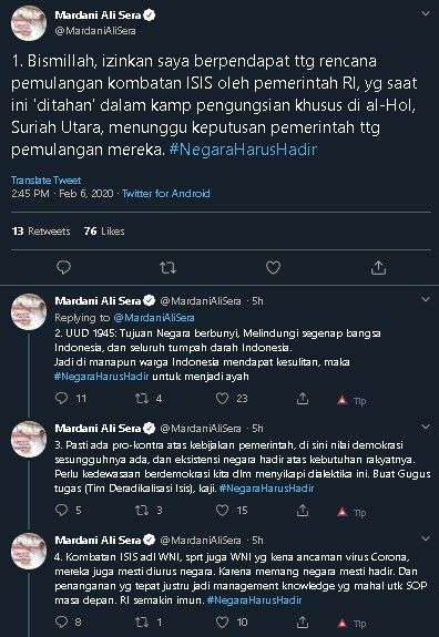 Cuitan Mardani Ali Sera soal kepulangan ISIS. (Twitter/@MardaniAliSera)