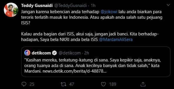 Cuitan Teddy Gusnaidi kritik Mardani Ali Sera.(Twitter)