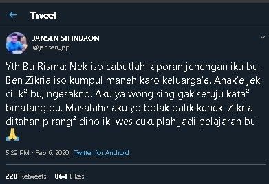 Cuitan Jansen minta Risma cabut laporan terhadap Zikria Dzatil. (Twitter/jansen_jsp)