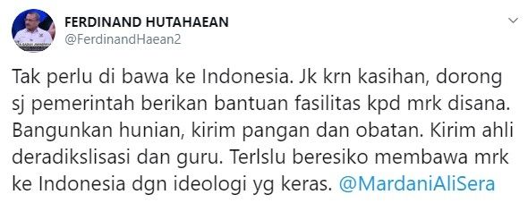Ferdinand Hutahaean tawarkan solusi lain soal WNI eks ISIS (Twitter/ferdinandhaean2)