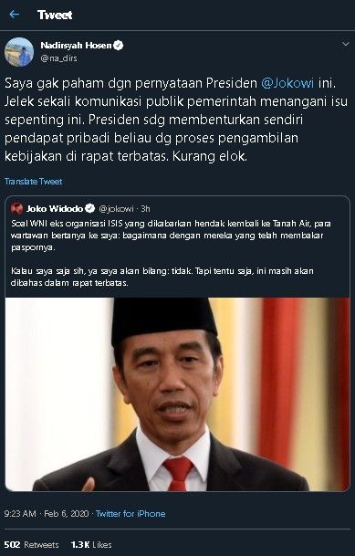 Gus Nadir soroti sikap Jokowi soal pemulangan WNI eks ISIS. (Twitter/@na_dirs)