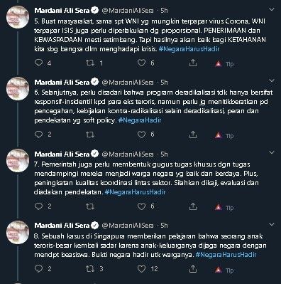 Cuitan Mardani Ali Sera soal kepulangan ISIS. (Twitter/@MardaniAliSera)