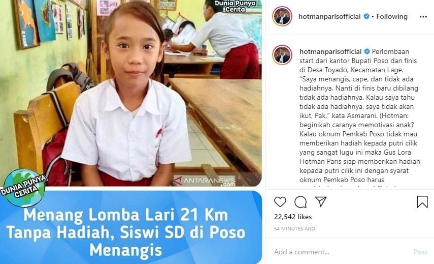 Hotman Paris akan berikan hadiah ke siswi SD yang menang lomba lari tanpa hadiah (IG)