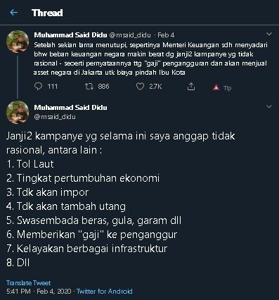 Cuitan Said Didu soal janji Jokowi yang bikin Sri Mulyani mules. (Twitter/@msaid_didu)