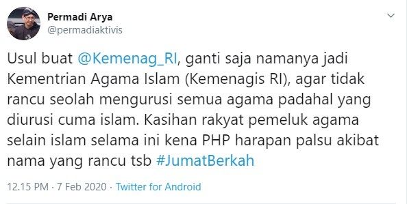 Abu Janda usul Kemenag diganti jadi Kementerian Agama Islam (Twitter/permadiarya)