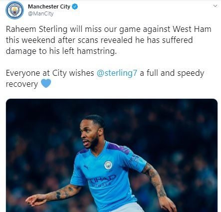 Manchester City pastikan Raheem Sterling absen lawan Wet Ham United. (Twitter/@ManCity).