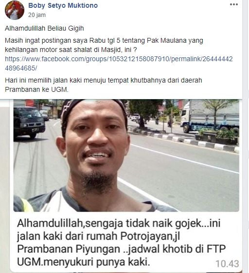 Ustadz bernama Ahmad Tukiran Maulana terpaksa jalan kaki untuk dakwah dari Prambanan ke UGM setelah motornya raib sehari sebelumnya saat melaksanakan ibadah dhuhur. [Facebook]