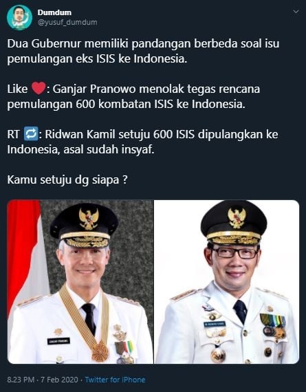 Soal Pemulangan WNI Eks ISIS, Ganjar Menolak, Ridwan Kamil Siap Menerima Asal Insaf. (twitter.com/yusuf_dumdum)