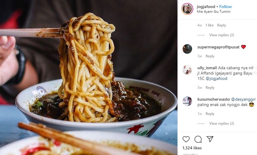 Tampilan mie ayam Tumini. [@jogjafood / Instagram]