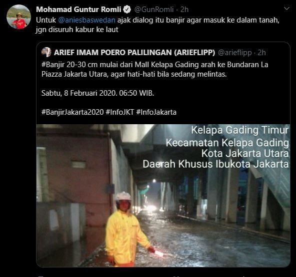 Cuitan Gus Romli menyindir anies Baswedan gara-gara Jakarta banjir lagi.(Twitter)