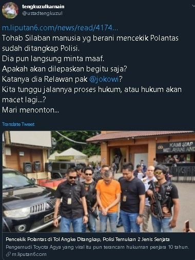 Cuitan Tengku Zul soal kasus Tohap Silaban.(Twitter/@ustadtengkuzul) 