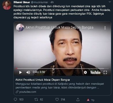 Cuitan Musni Umar soal kasus prostitusi. (Twitter/@musniumar)