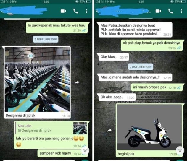 Dugaan penjiplakan desain motor berlogo PLN. (Facebook)