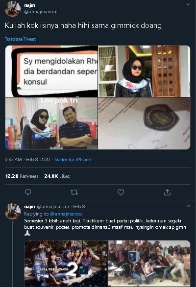 Permintaan dosen kepada mahasiswi saat bimbingan skripsi. (Twitter/@annajmaxco)