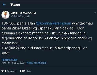 Cuitan Adhie Massardi soal kasus Zikria Dzatil. (Twitter/@AdhieMassardi)