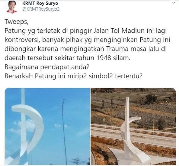 Heboh patung mirip simbol palu arit PKI di Tol Madiun (Twitter/krmtroysuryo2)