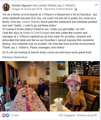 Adelaide dan keluarganya di restoran J. Wilson's (Facebook/Vanlam Nguyen)