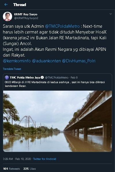 Cuitan Roy Suryo soal unggahan Akun @TMCPoldaMetro. (Twitter/@KRMTRoySuryo2)