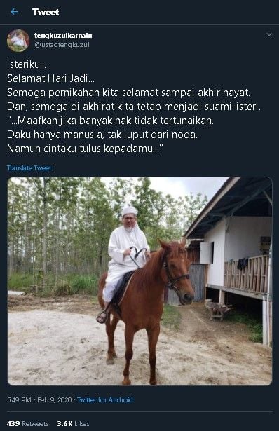 Tengku Zul ucapkan hari ulang tahun pernikahan ke istri. (Twitter/@ustadtengkuzul)