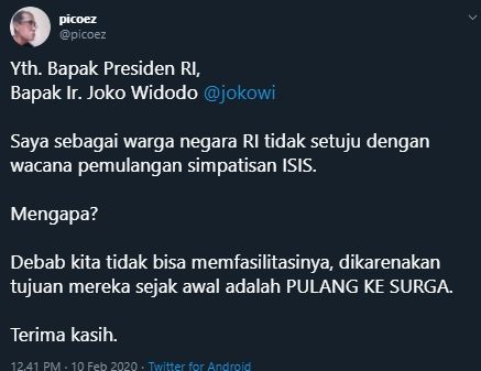 Komentar Dosen Fakultas Kehutanan UGM tentang wacana pemulangan eks kombatan ISIS, Senin (10/2/2020). [@picoez / Twitter]