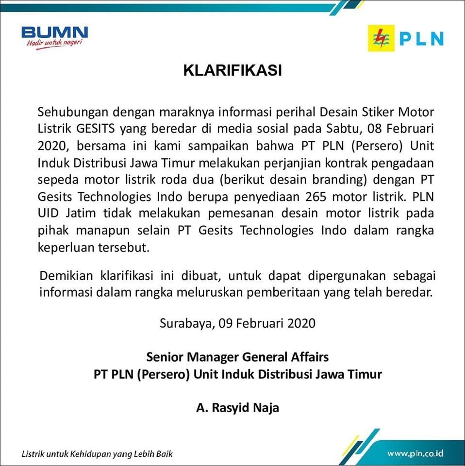 Klarifikasi PLN atas kasus plagiarisme desain motor listrik (FB/PLN)