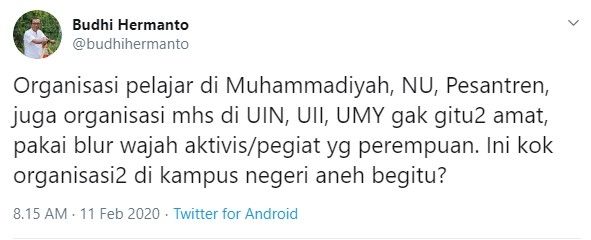 Pegiat kebudayaan Budhi Hermanto menyoroti UKM kampus neger blur foto pengurus perempuan (Twitter)