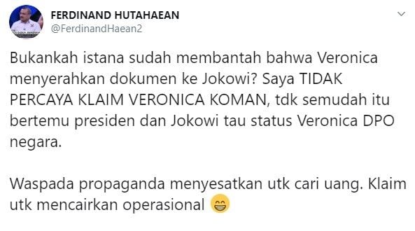 Ferdinand Hutahaean soal klaim Veronica Koman kasih data tapol Papua ke Jokowi (Twitter)