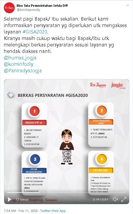 Persyaratan layanan GISA 2020 di DIY - (Twitter/@birotapemdiy)