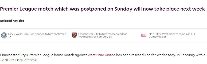 Pernyataan resmi soal jadwal tunda Manchester City vs West Ham United. (www.premierleague.com)