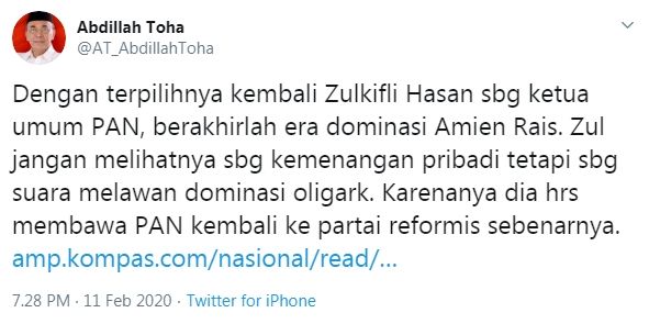 Pendiri PAN Abdillah Toha soal terpilihnya Zulkifli Hasan jadi Ketum PAN (Twitter)