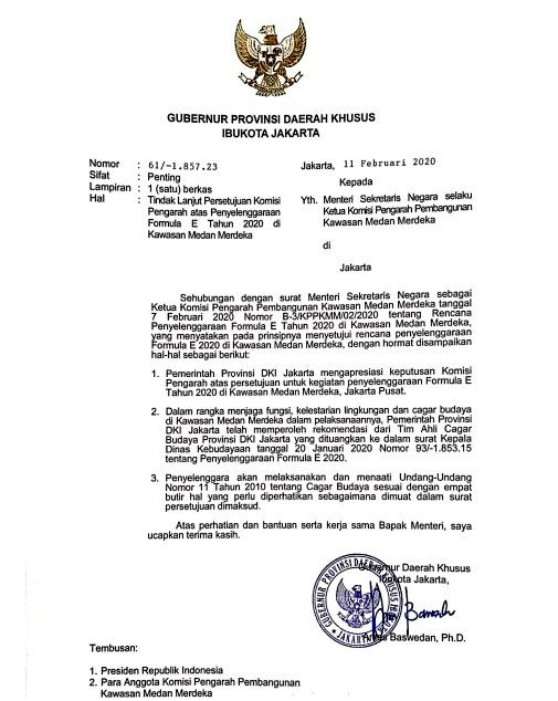 Surat Gubernur DKI Jakarta Anies Baswedan tertanggal 11 Februari 2020 kepada Mensesneg Pratikno terkait penyelenggaraan Formula E 2020 Jakarta. [Dok. Ist]