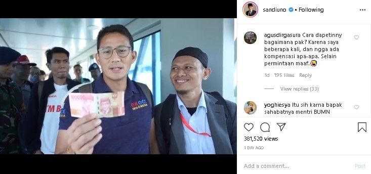 Sandiaga Uno dapat kompensasi Rp 100 ribu dari Garuda Indonesia. (Instagram/@sandiuno)