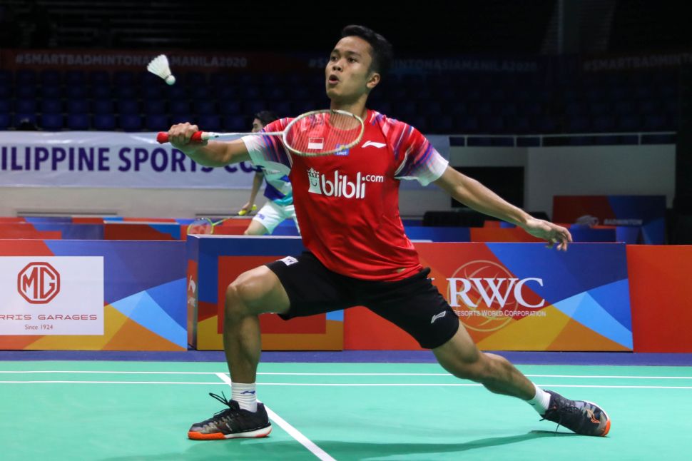 Pebulutangkis tunggal putra Indonesia, Anthony Sinisuka Ginting berhasil menyumbang poin perdana saat tim beregu putra Merah Putih menghadapi Korea Selatan di babak penyisihan Grup A BATC 2020 di Rizal Memorial Coliseum, Manila, Filipina, Rabu (12/2/2020). [Dok. PBSI]