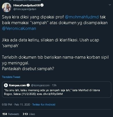 Cuitan Hinca Pandjaitan soal Mahfud MD sebut data tapol Papua sampah. (Twitter/@hincapandjaitan)