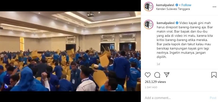 Kemal Palevi unggah video kericuhan di hari kedua Kongres V PAN di Hotel Claro, Kendari, Sulawesi Tenggara [Instagram/kemalpalevi]