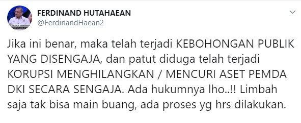 Ferdinand Hutahaean soal pohon yang ditebang di Monas dijadikan furnitur (Twitter/ferdinandhaean2)