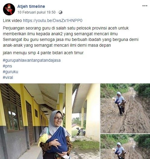 Potret perjuangan guru gendong bayi lewati jalan berlumpur di Aceh (FB/atjehtimeline)
