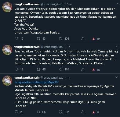 Cuitan Tengku Zul soal polemik Agama dan Pancasila. (Twitter/@ustadtengkuzul)