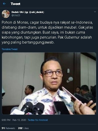 Cuitan Dedek Prayudi soal pohon Monas jadi furnitur. (Twitter/@Uki23)