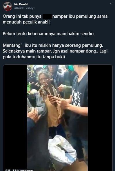 Dituduh Menculik, Nenek Pemulung Ditampar dan Nyaris Dihakimi Massa. Tangkapan layar (twitter.com/black__valley1) 